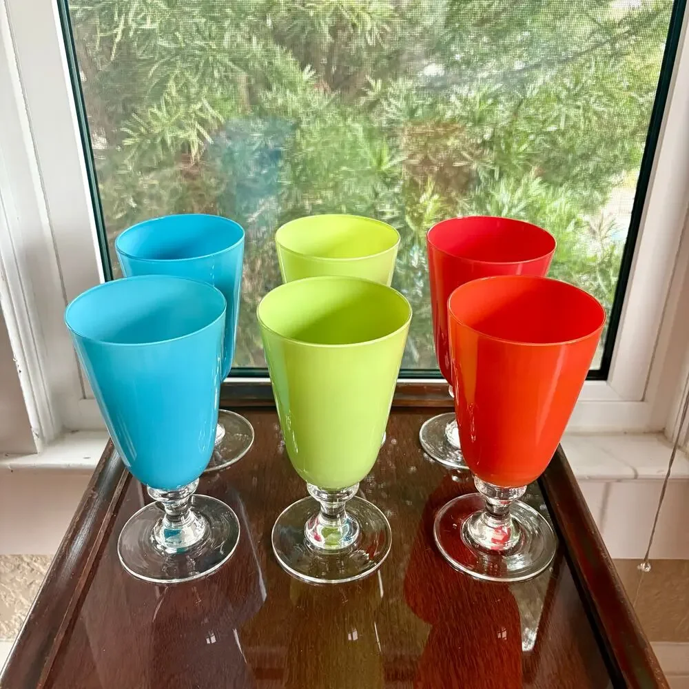 Vintage Hand Blown Colorful Glass Goblets Set of 6 Art Glass